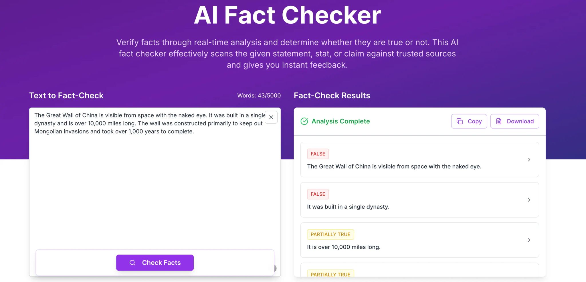 HumanizerPRO AI fact checker rating claims about the Great Wall of China: visible from space with the naked eye rated false, built in a single dynasty rated false, over 10,000 miles long rated partially true