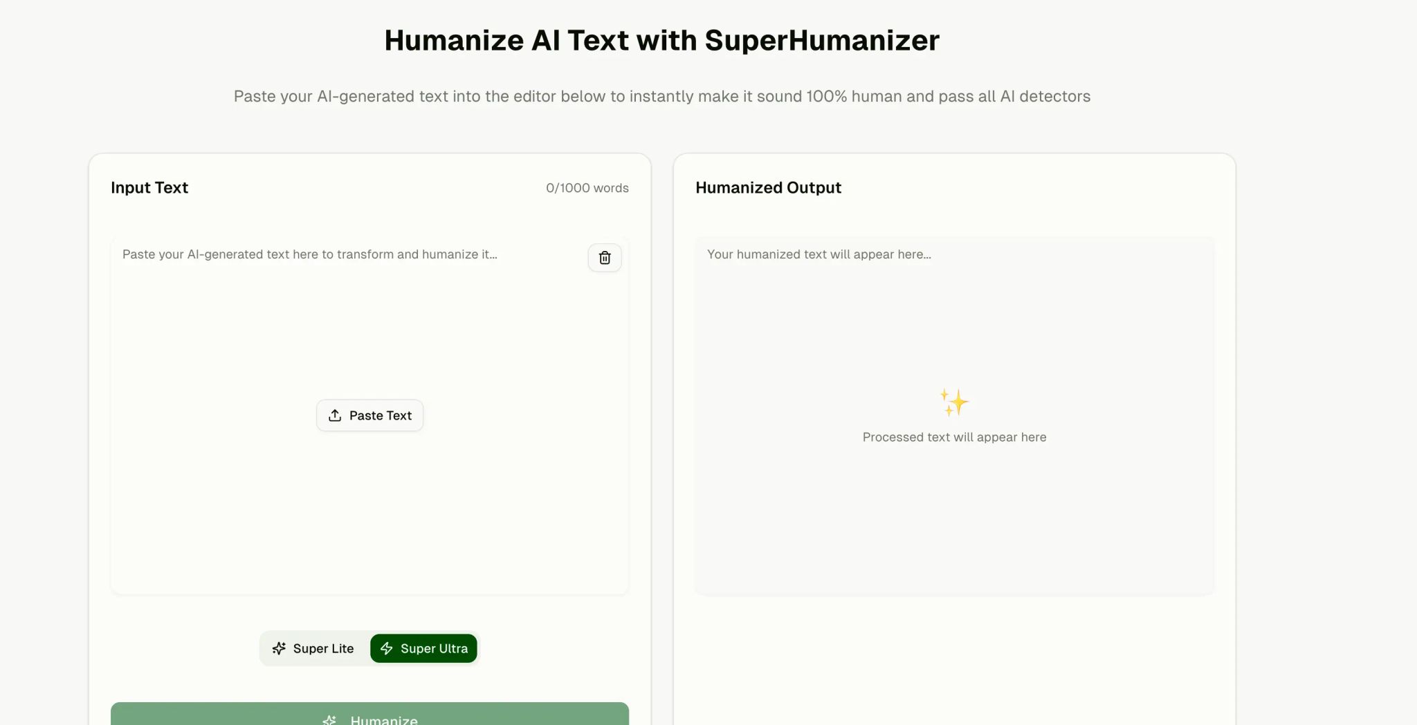 SuperHumanizer free AI humanizer editor with Super Lite and Super Ultra modes