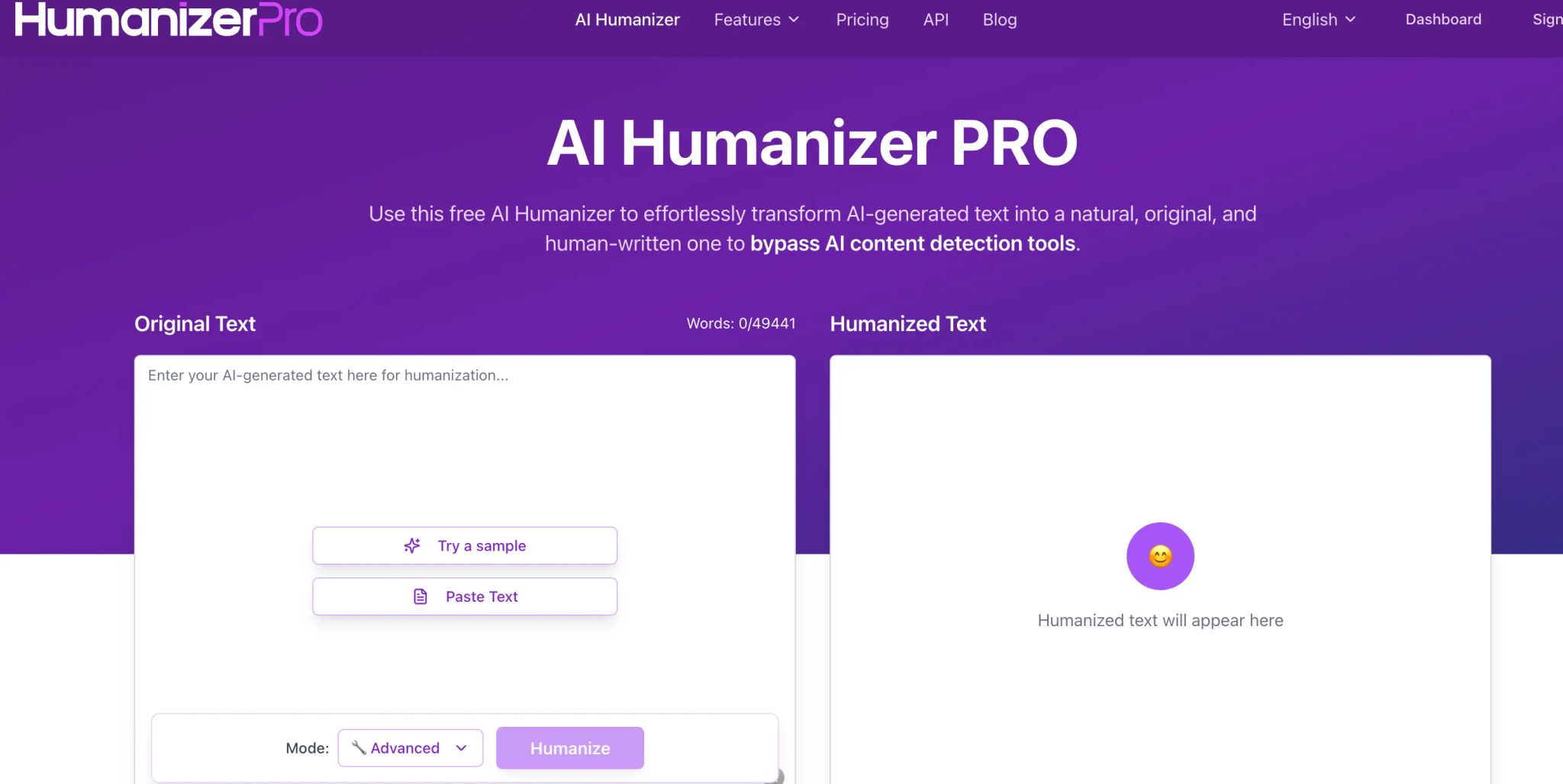 HumanizerPRO AI humanizer editor with mode and tone options