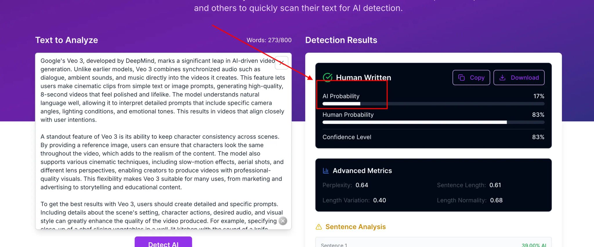 HumanizerPRO AI detector flagging Grammarly's humanized text as AI-generated