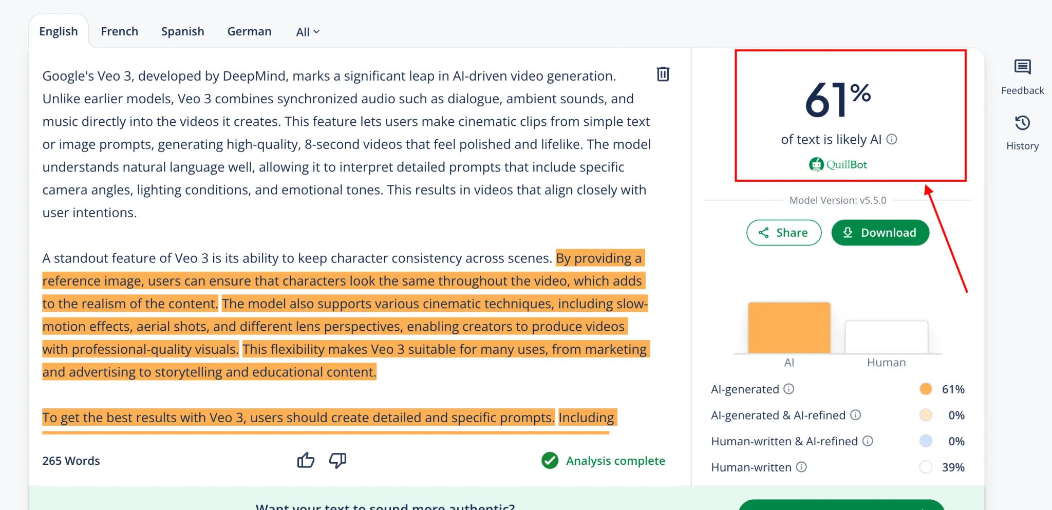 QuillBot AI detector showing Grammarly's humanized text as 61% AI