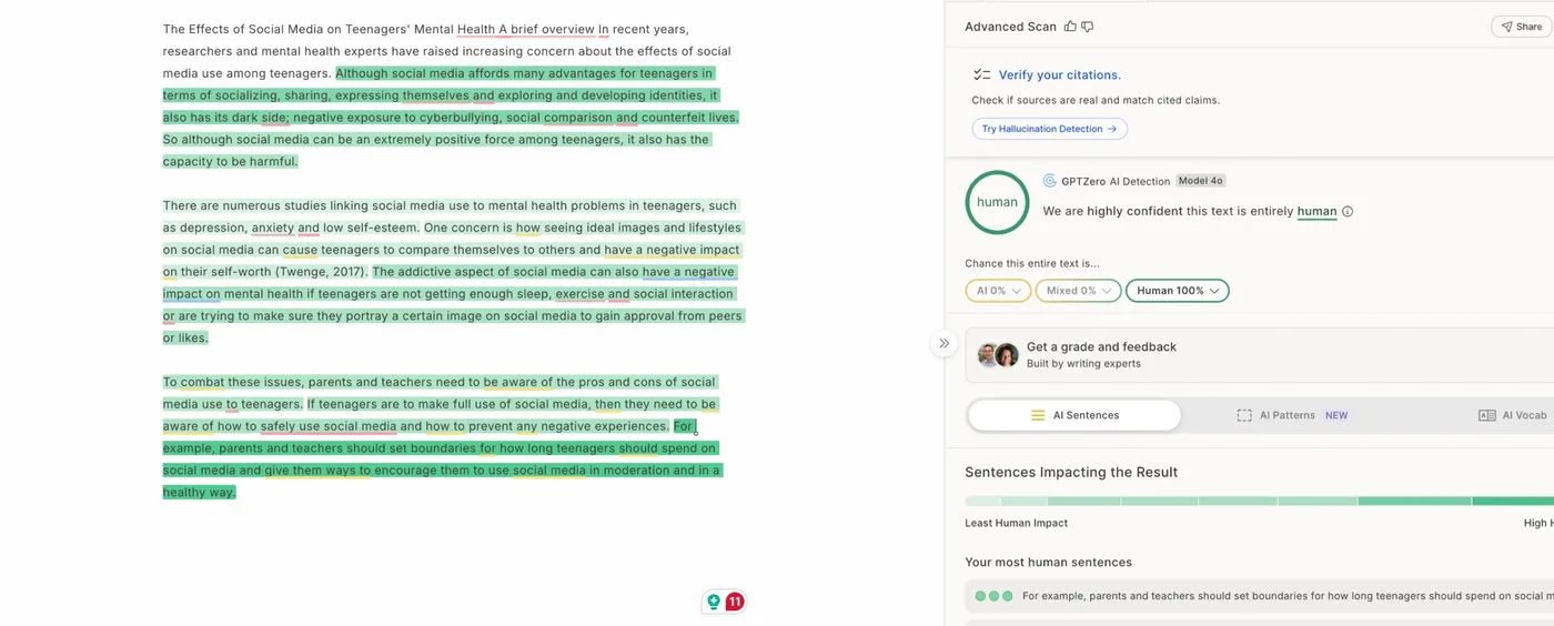 GPTZero Advanced Scan of the humanized essay: highly confident this text is entirely human, AI 0 percent, mixed 0 percent, human 100 percent