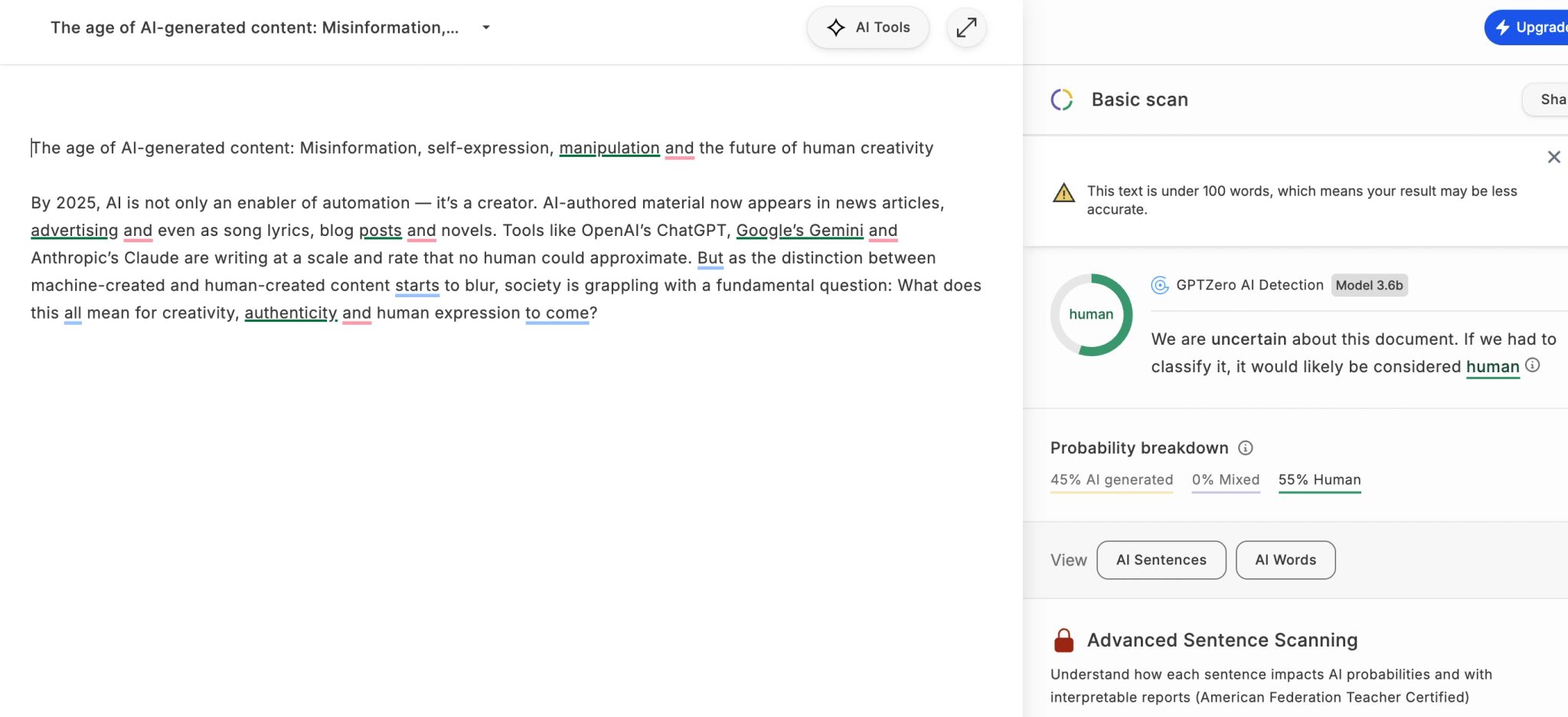 GPTZero result for Humbot's rewritten text: 45% AI, 55% human, labeled uncertain but leaning human