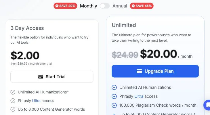 Phrasly pricing page, monthly view: 3 Day Access for 2 dollars, then 39.99 dollars a month after the trial, next to the Unlimited plan at 20 dollars a month
