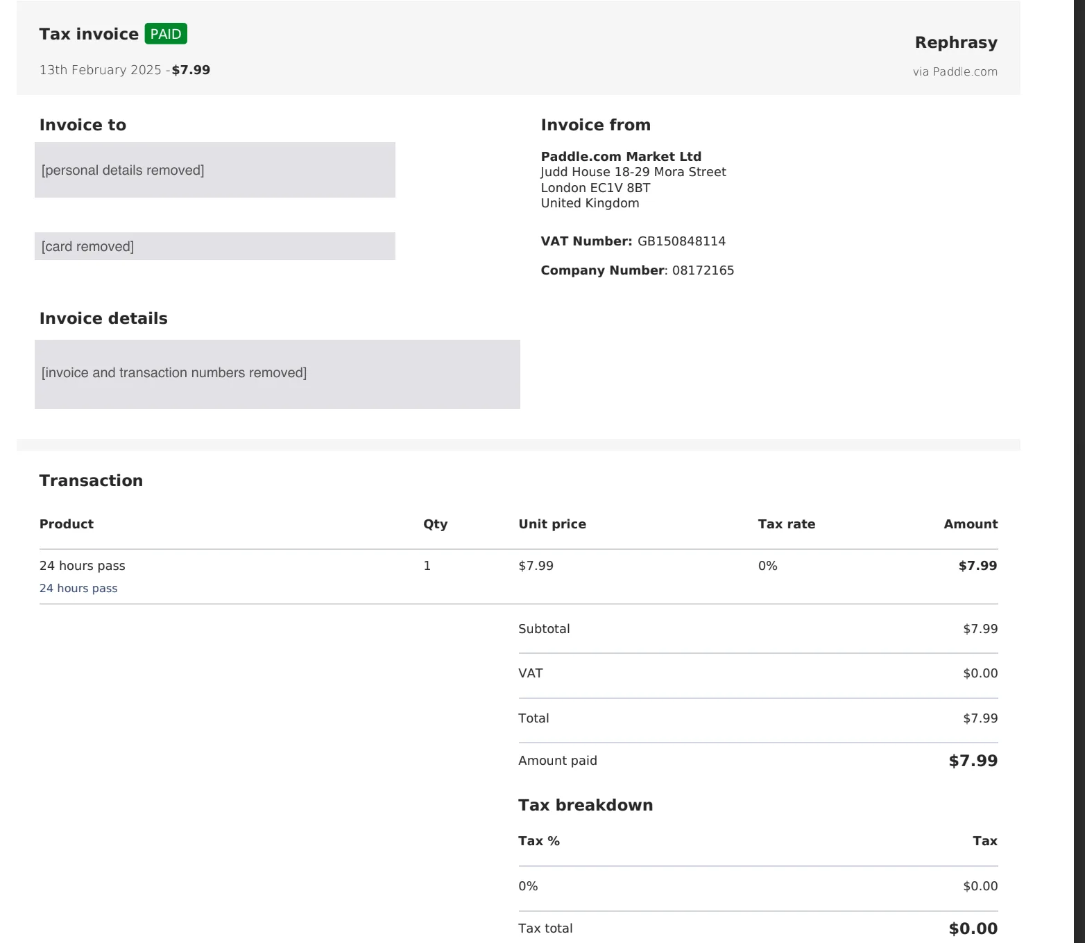 Rephrasy receipt from Paddle, February 13, 2025: 24 hours pass, 7.99 dollars, paid, with personal details removed