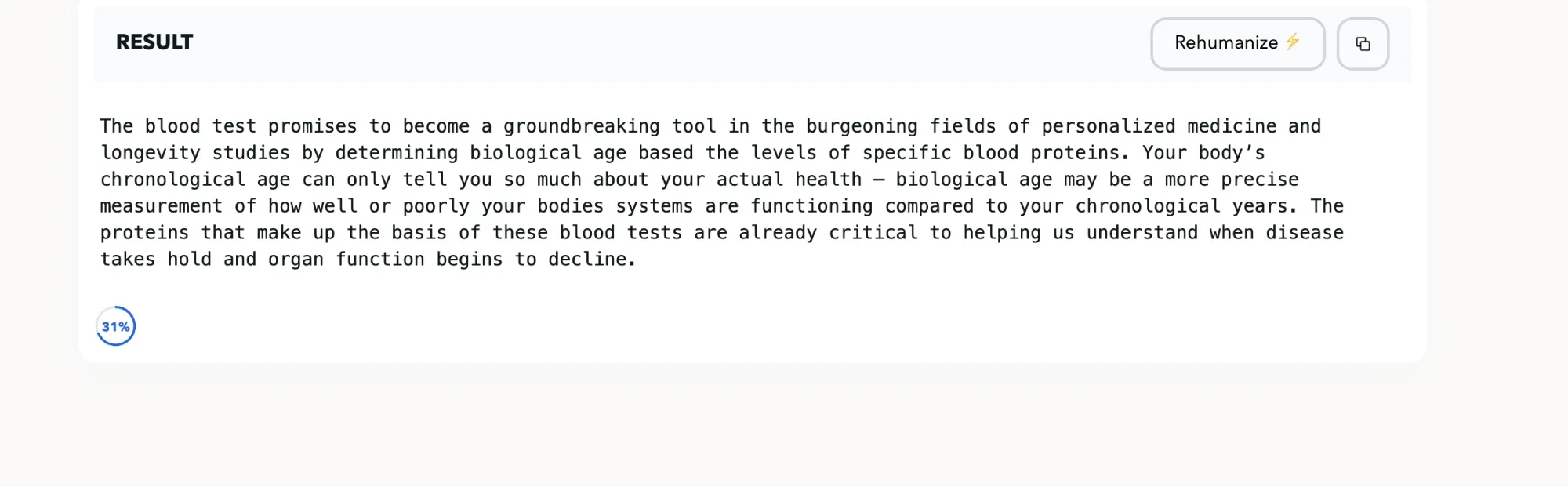 Rephrasy's result for the first part of our test text: a 96-word rewrite with an unlabeled 31 percent score from Rephrasy's own detector
