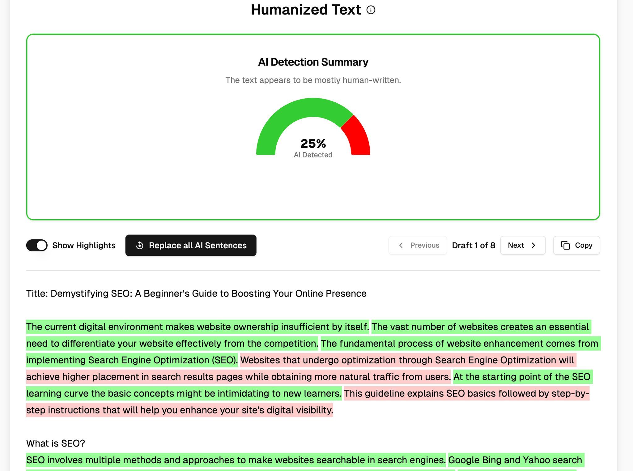 StealthWriter's built-in AI detector showing the rewritten text at 25% AI