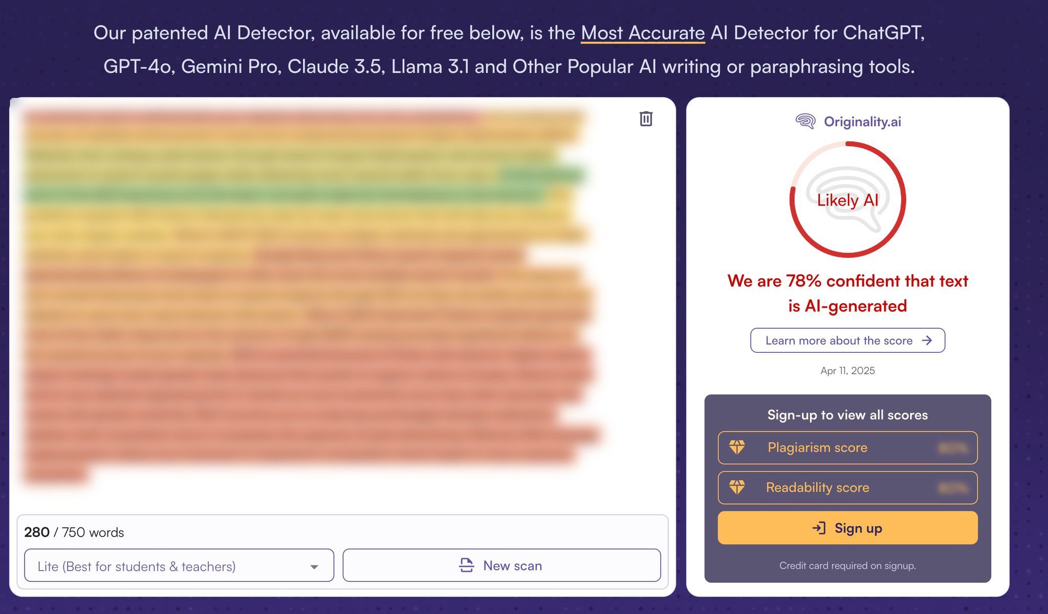Originality.ai result showing StealthWriter's rewritten text still rated 78% AI