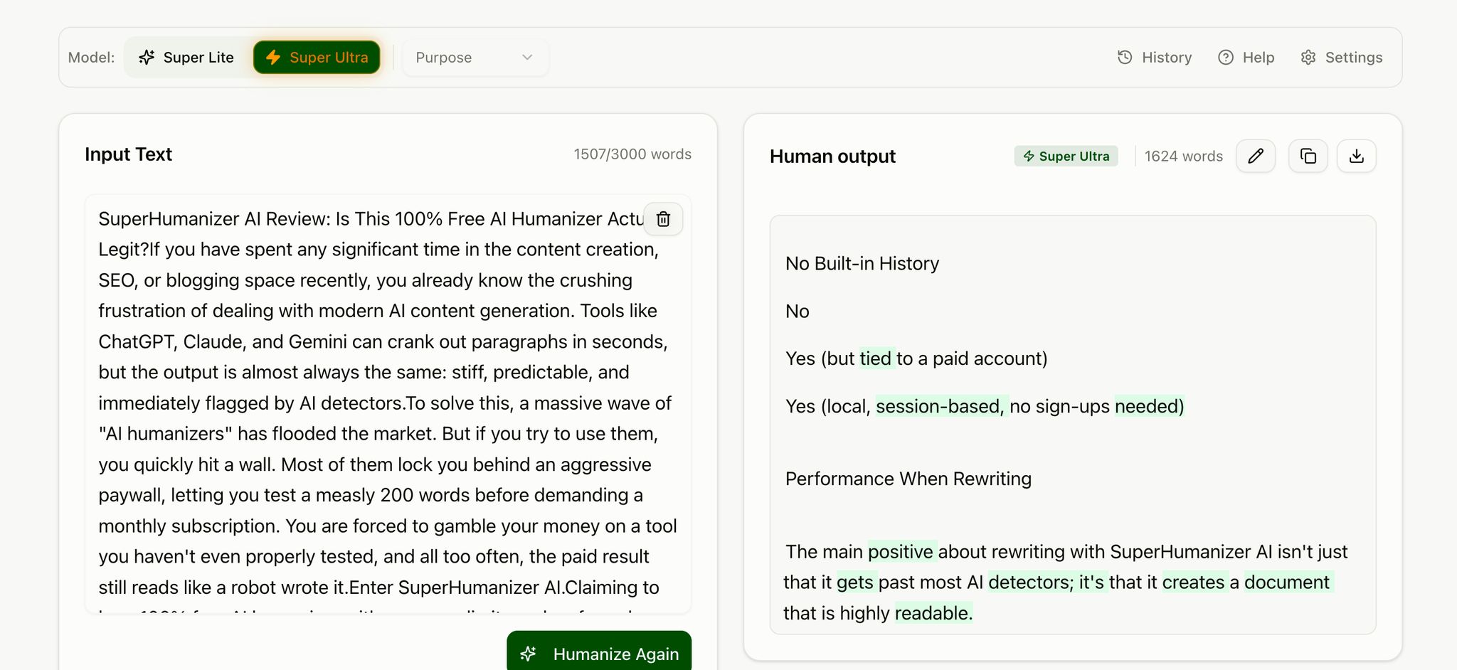 SuperHumanizer main dashboard with the empty text editor, Super Lite and Super Ultra buttons, and the Purpose dropdown