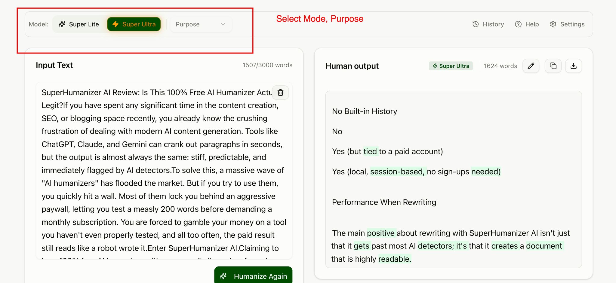 SuperHumanizer options with Super Ultra mode selected and the tone dropdown open