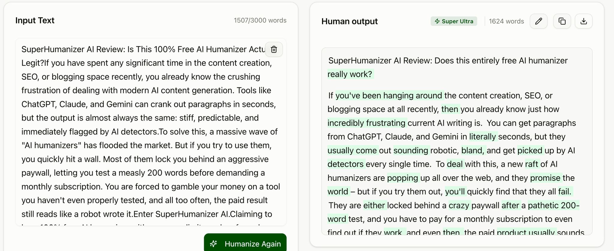 SuperHumanizer output shown next to the original AI text, with restructured sentences