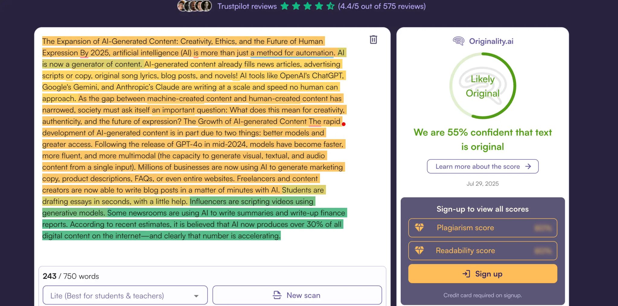 Originality.ai result showing Walter Writes output as 45% AI