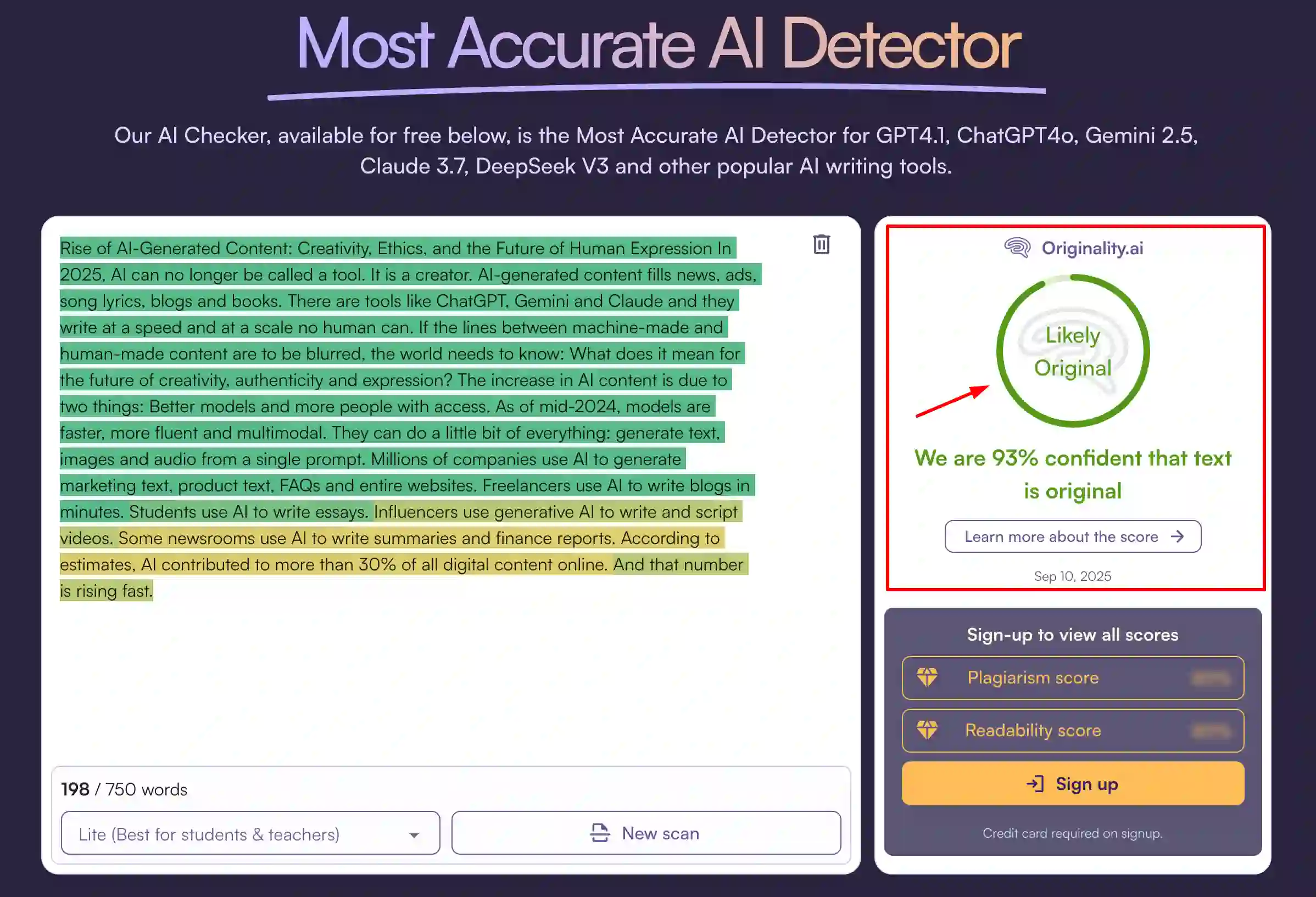 HumanizerPro humanize AI content result on Originality.ai showing 93% Human