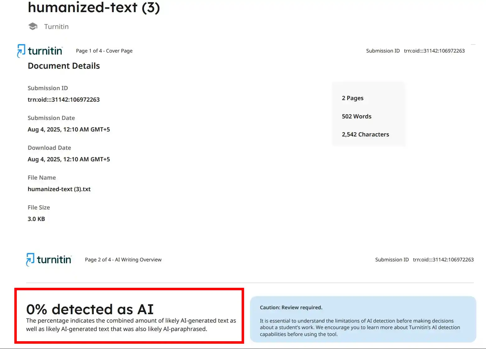 HumanizerPro humanizer result on Turnitin showing 0% AI indicator